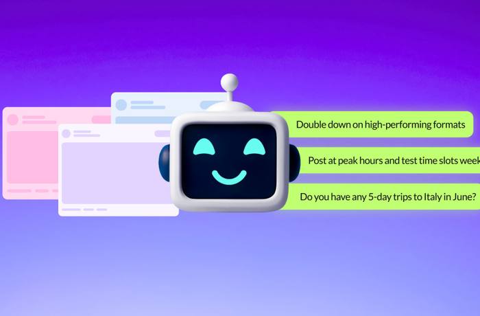 An illustration of an AI robot helping to audit a social media strategy.